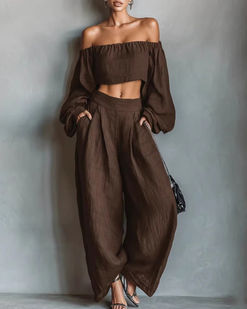 Vyla™ Off-Shoulder Crop Top and Wide Leg Pants Two-Piece Set