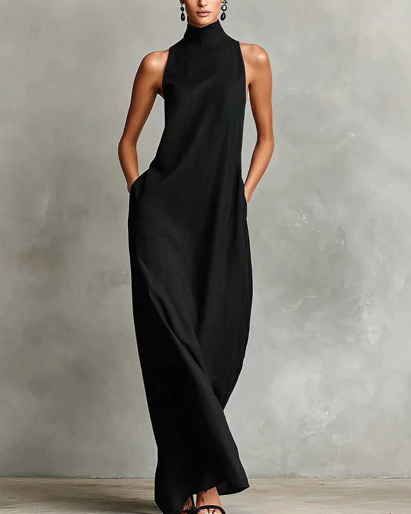 Vyla™ Effortless Linen Blend High Neck Maxi Dress With Pockets
