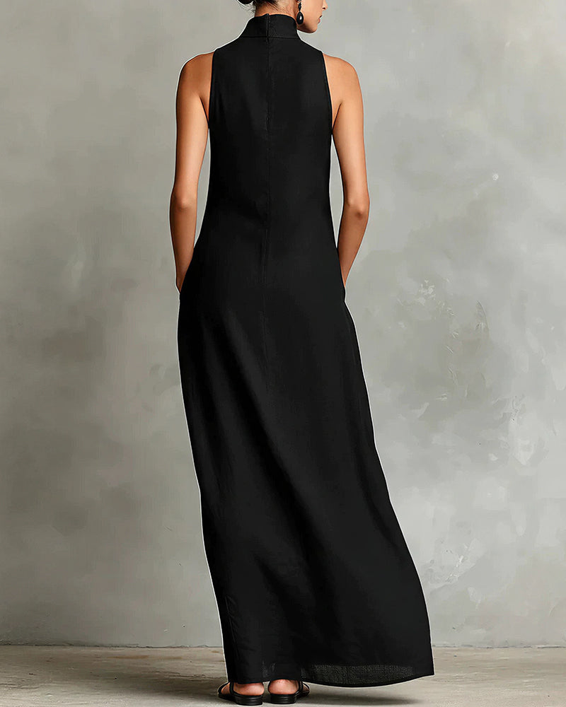 Vyla™ Effortless Linen Blend High Neck Maxi Dress With Pockets
