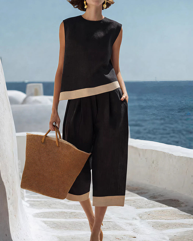 Vyla™ Coastal Breeze Cotton Linen Contrast Trim Two-Piece Set