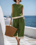 Vyla™ Coastal Breeze Cotton Linen Contrast Trim Two-Piece Set