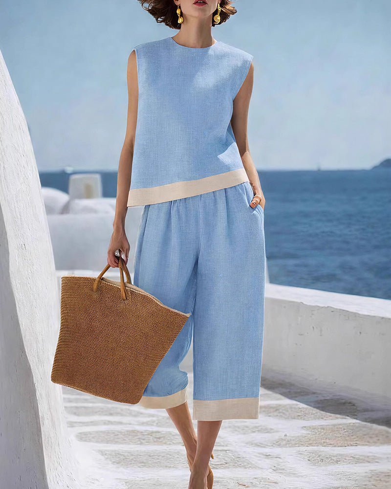 Vyla™ Coastal Breeze Cotton Linen Contrast Trim Two-Piece Set