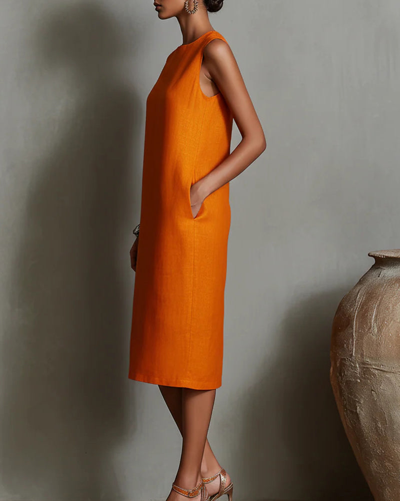 Vyla™ Linen Blend Sleeveless Crew Neck Midi Dress
