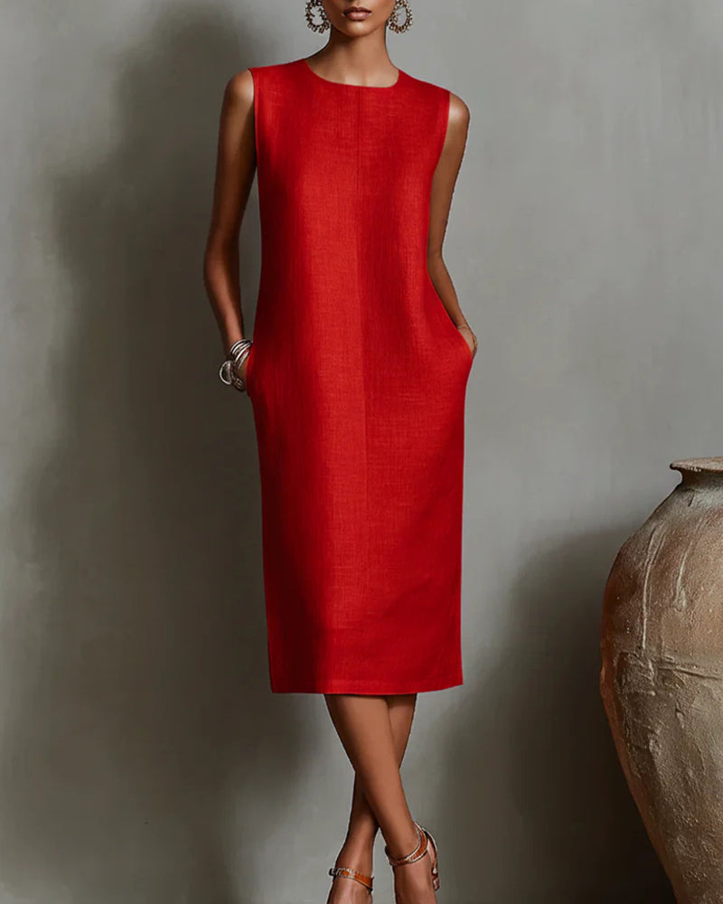 Vyla™ Linen Blend Sleeveless Crew Neck Midi Dress