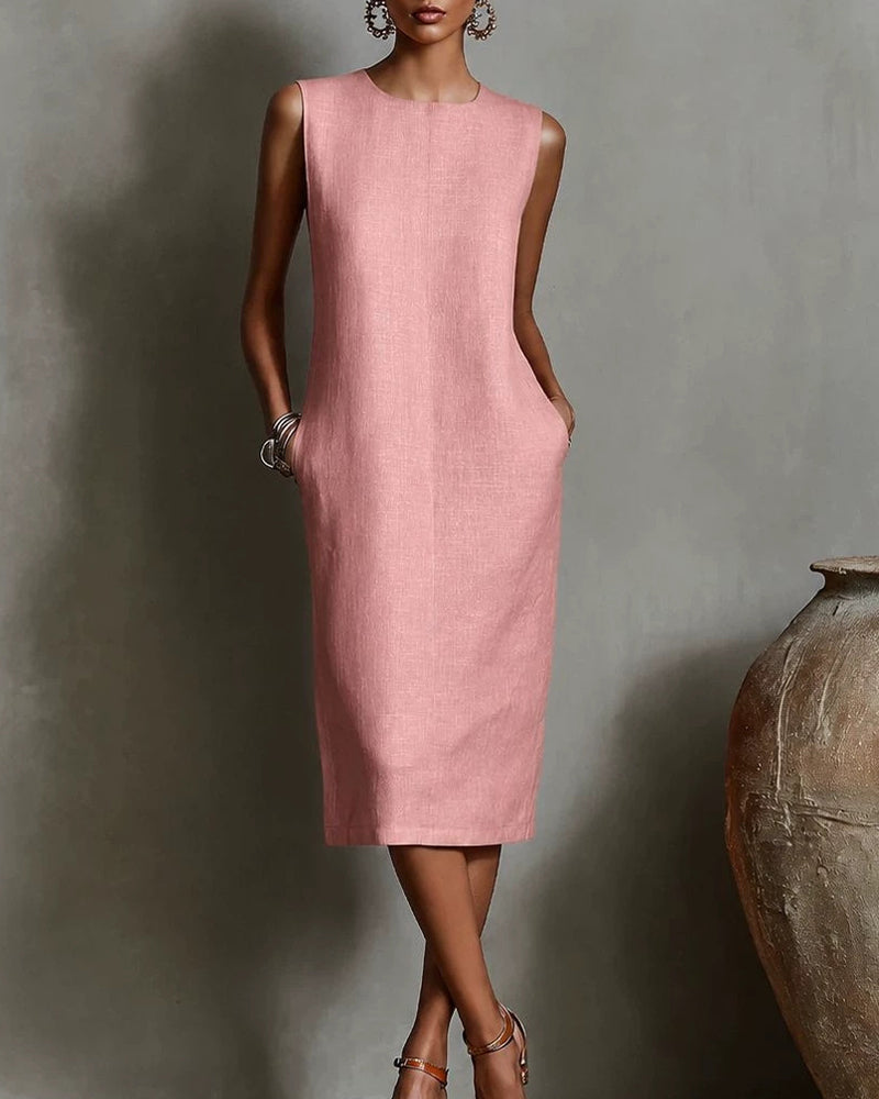 Vyla™ Linen Blend Sleeveless Crew Neck Midi Dress
