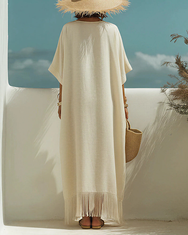 Vyla™ Bohemian V-Neck Fringe Midi Dress