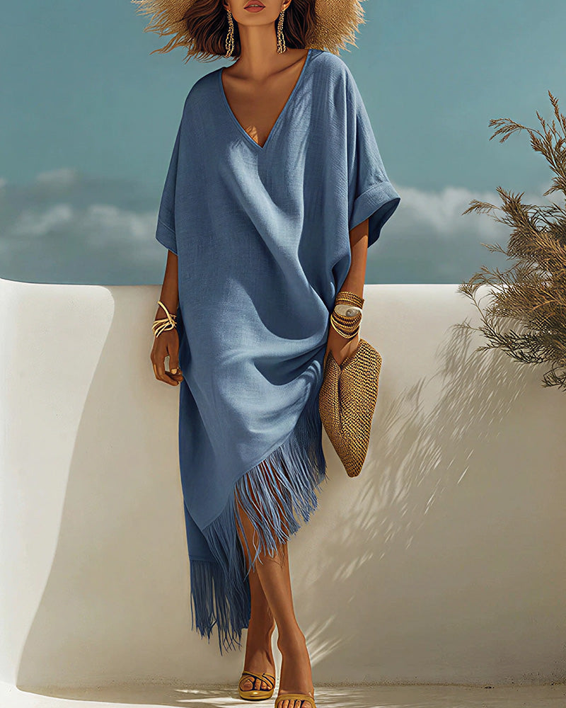 Vyla™ Bohemian V-Neck Fringe Midi Dress