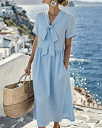 Vyla™ Elegant V-Neck Tie-Front Short Sleeve Midi Dress