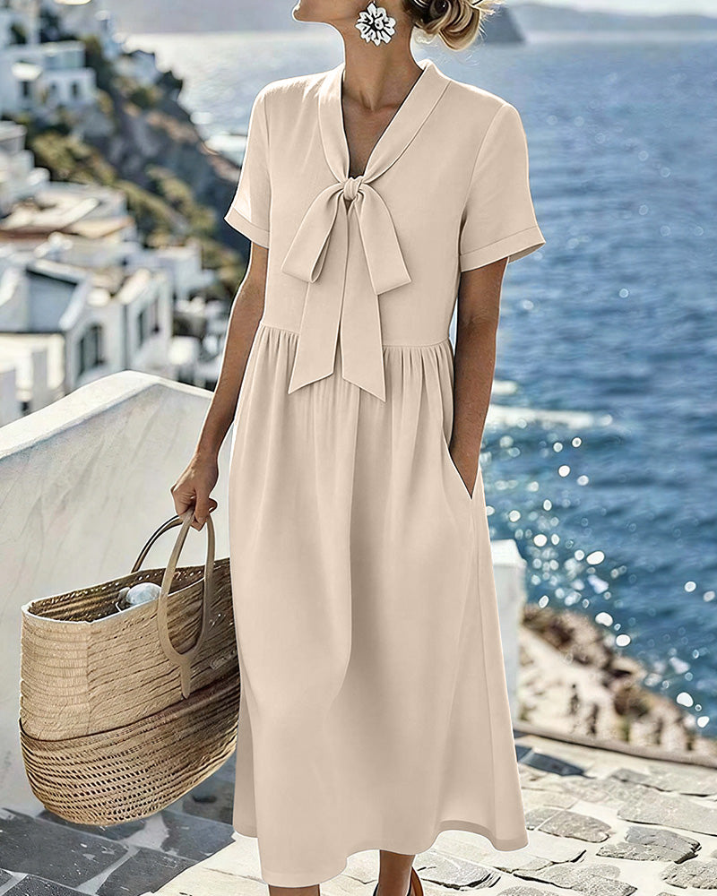 Vyla™ Elegant V-Neck Tie-Front Short Sleeve Midi Dress