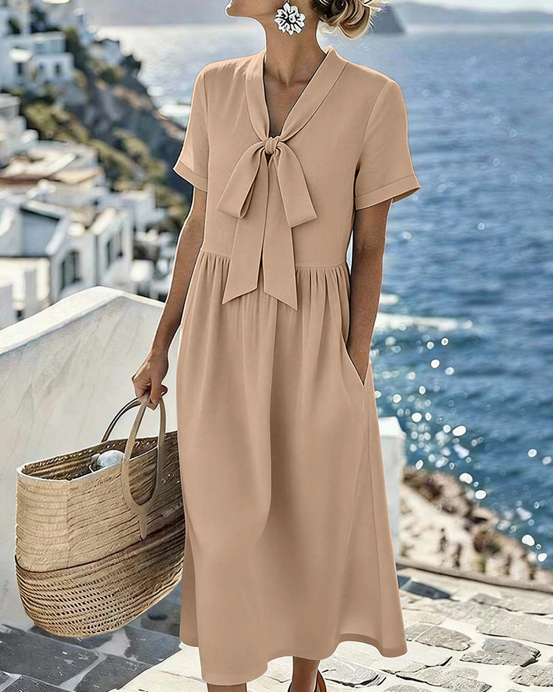 Vyla™ Elegant V-Neck Tie-Front Short Sleeve Midi Dress