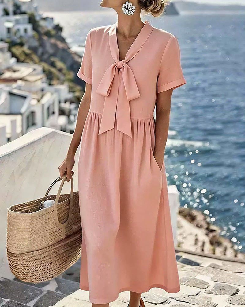 Vyla™ Elegant V-Neck Tie-Front Short Sleeve Midi Dress