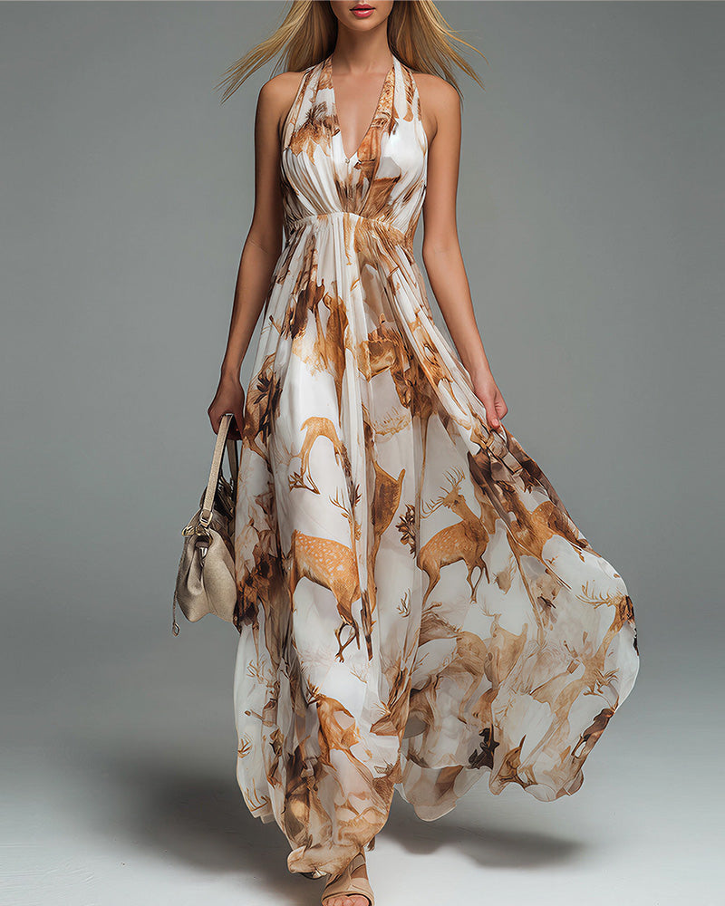 Vyla™ Boho Halter Neck Deep-V Flowy Maxi Dress