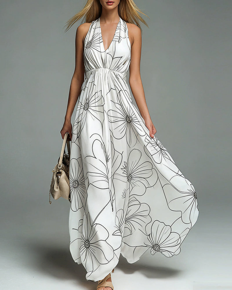 Vyla™ Boho Halter Neck Deep-V Flowy Maxi Dress