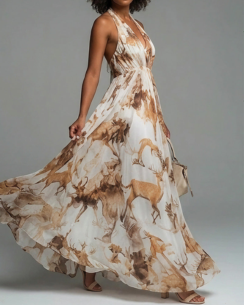 Vyla™ Boho Halter Neck Deep-V Flowy Maxi Dress
