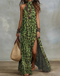 Vyla™ Wild Elegance Leopard Halter Maxi Dress with Side Slit