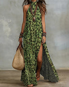Vyla™ Wild Elegance Leopard Halter Maxi Dress with Side Slit