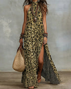 Vyla™ Wild Elegance Leopard Halter Maxi Dress with Side Slit