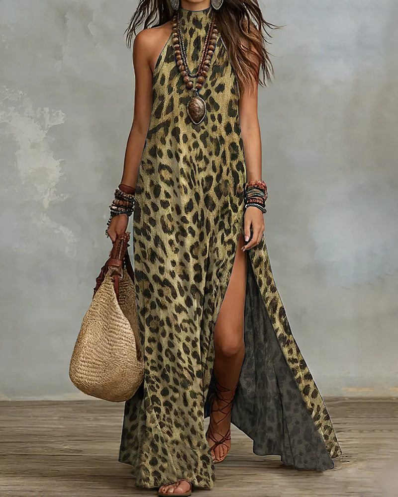 Vyla™ Wild Elegance Leopard Halter Maxi Dress with Side Slit