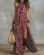 Vyla™ Wild Elegance Leopard Halter Maxi Dress with Side Slit