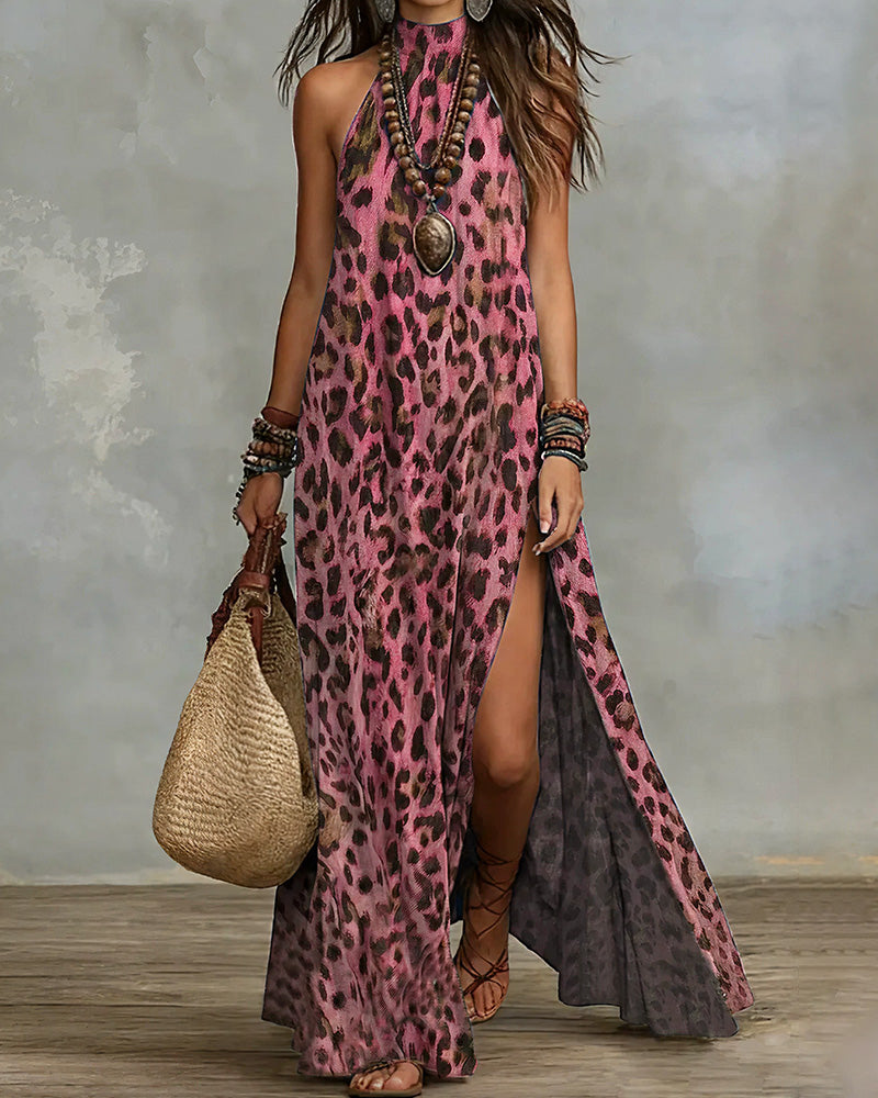 Vyla™ Wild Elegance Leopard Halter Maxi Dress with Side Slit