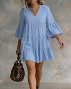 Vyla™ V-Neck Bell Sleeve Ruffle Tiered Mini Dress