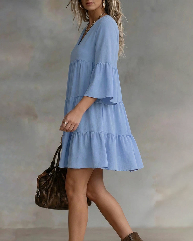 Vyla™ V-Neck Bell Sleeve Ruffle Tiered Mini Dress