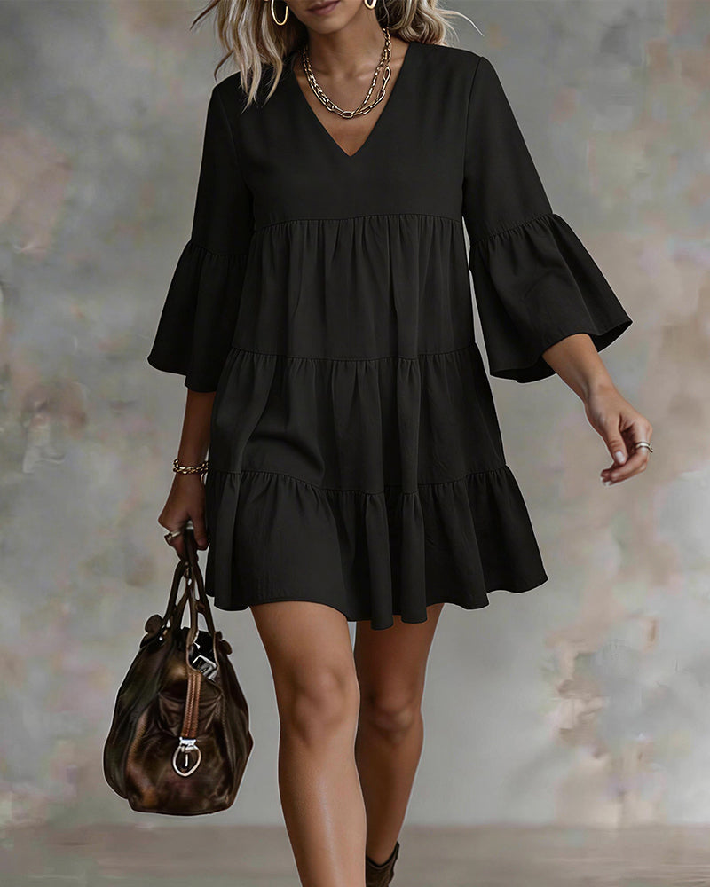 Vyla™ V-Neck Bell Sleeve Ruffle Tiered Mini Dress