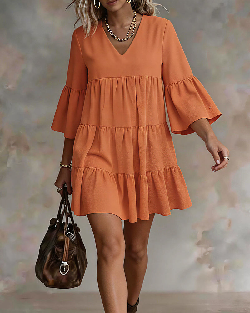 Vyla™ V-Neck Bell Sleeve Ruffle Tiered Mini Dress