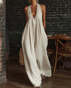Vyla™ Boho Breeze Lace Trim Halter Wide Leg Jumpsuit