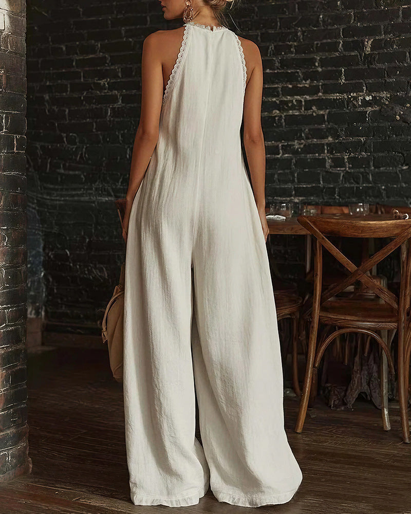 Vyla™ Boho Breeze Lace Trim Halter Wide Leg Jumpsuit