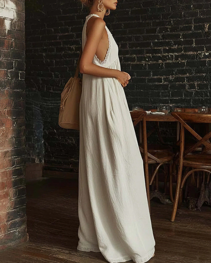 Vyla™ Boho Breeze Lace Trim Halter Wide Leg Jumpsuit