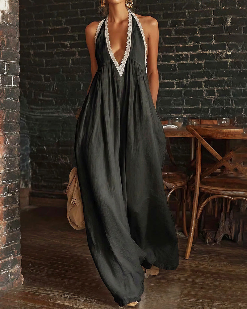 Vyla™ Boho Breeze Lace Trim Halter Wide Leg Jumpsuit