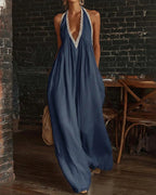 Vyla™ Boho Breeze Lace Trim Halter Wide Leg Jumpsuit