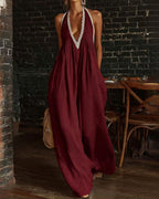 Vyla™ Boho Breeze Lace Trim Halter Wide Leg Jumpsuit