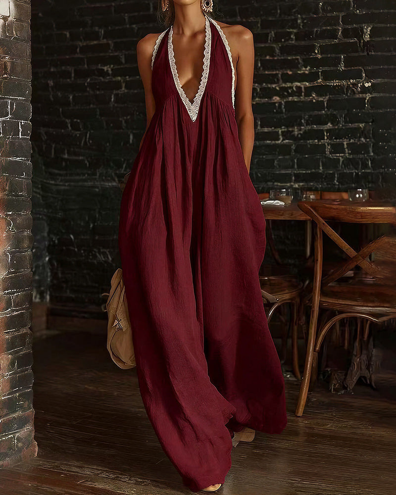 Vyla™ Boho Breeze Lace Trim Halter Wide Leg Jumpsuit