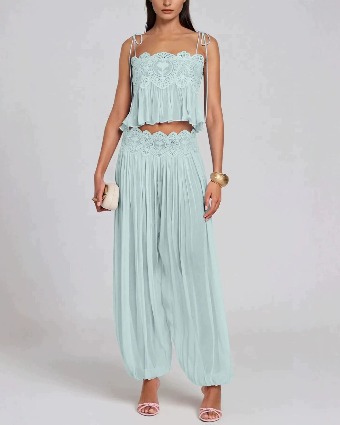 Vyla™ Slim Fit Ruffle Trim Open-Back Chiffon Set