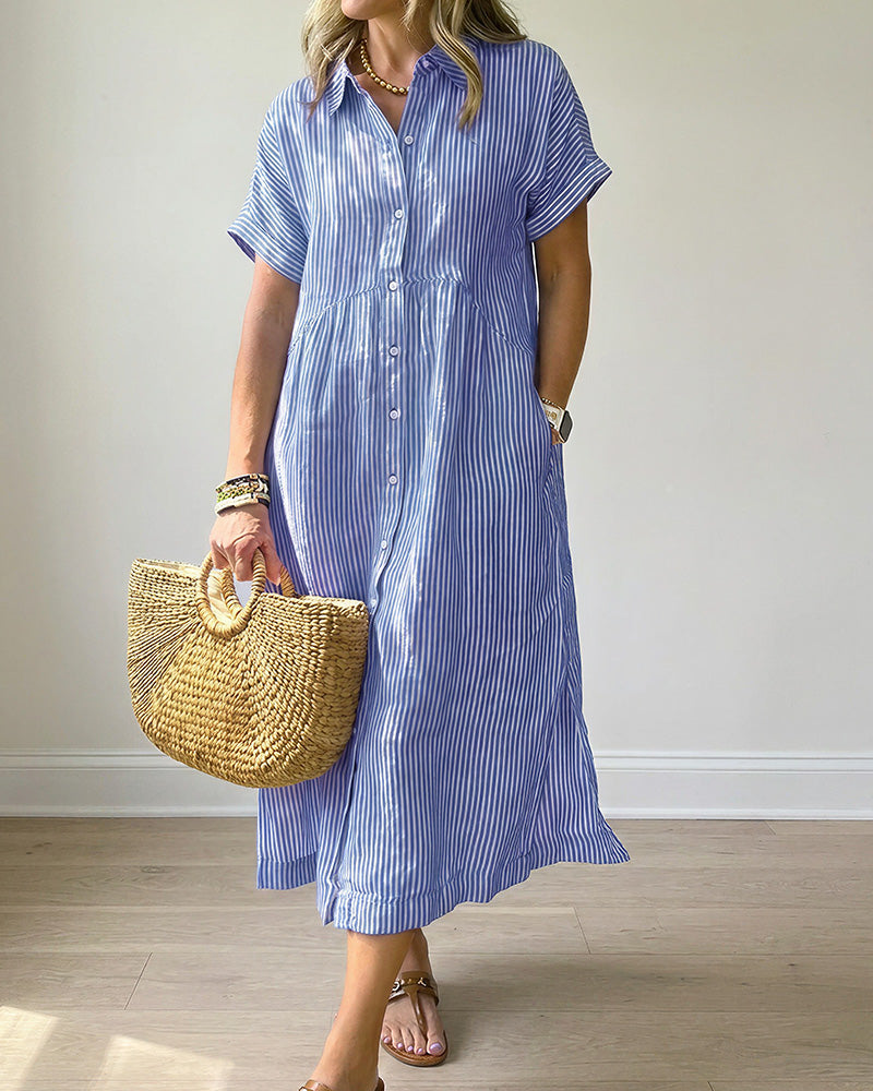 Vyla™ Casual Striped Short Sleeve Cotton Linen Shirt Midi Dress