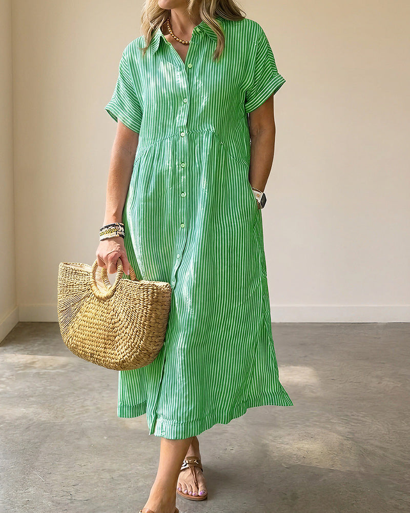 Vyla™ Casual Striped Short Sleeve Cotton Linen Shirt Midi Dress