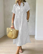 Vyla™ Casual Striped Short Sleeve Cotton Linen Shirt Midi Dress