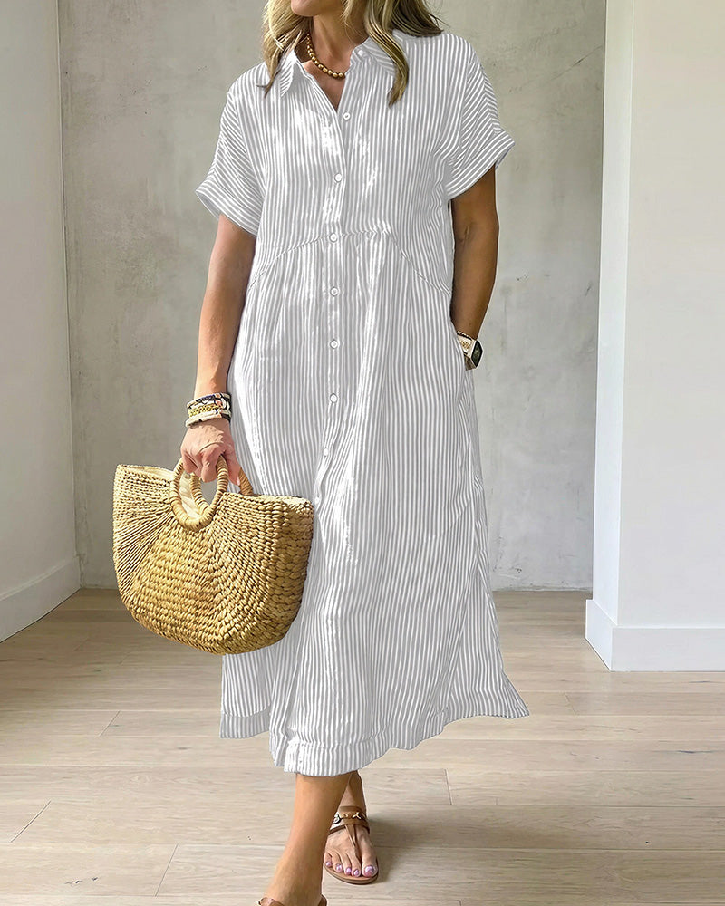 Vyla™ Casual Striped Short Sleeve Cotton Linen Shirt Midi Dress