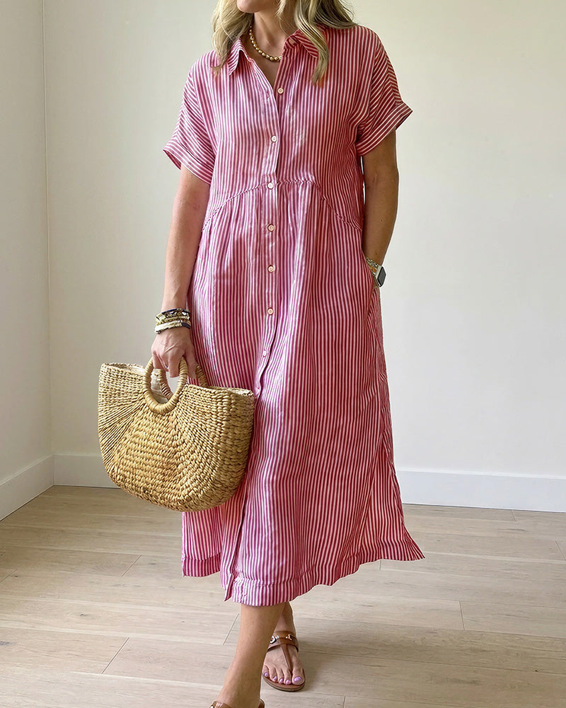 Vyla™ Casual Striped Short Sleeve Cotton Linen Shirt Midi Dress