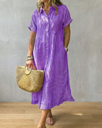 Vyla™ Casual Striped Short Sleeve Cotton Linen Shirt Midi Dress