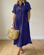 Vyla™ Casual Striped Short Sleeve Cotton Linen Shirt Midi Dress