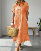 Vyla™ Casual Striped Short Sleeve Cotton Linen Shirt Midi Dress