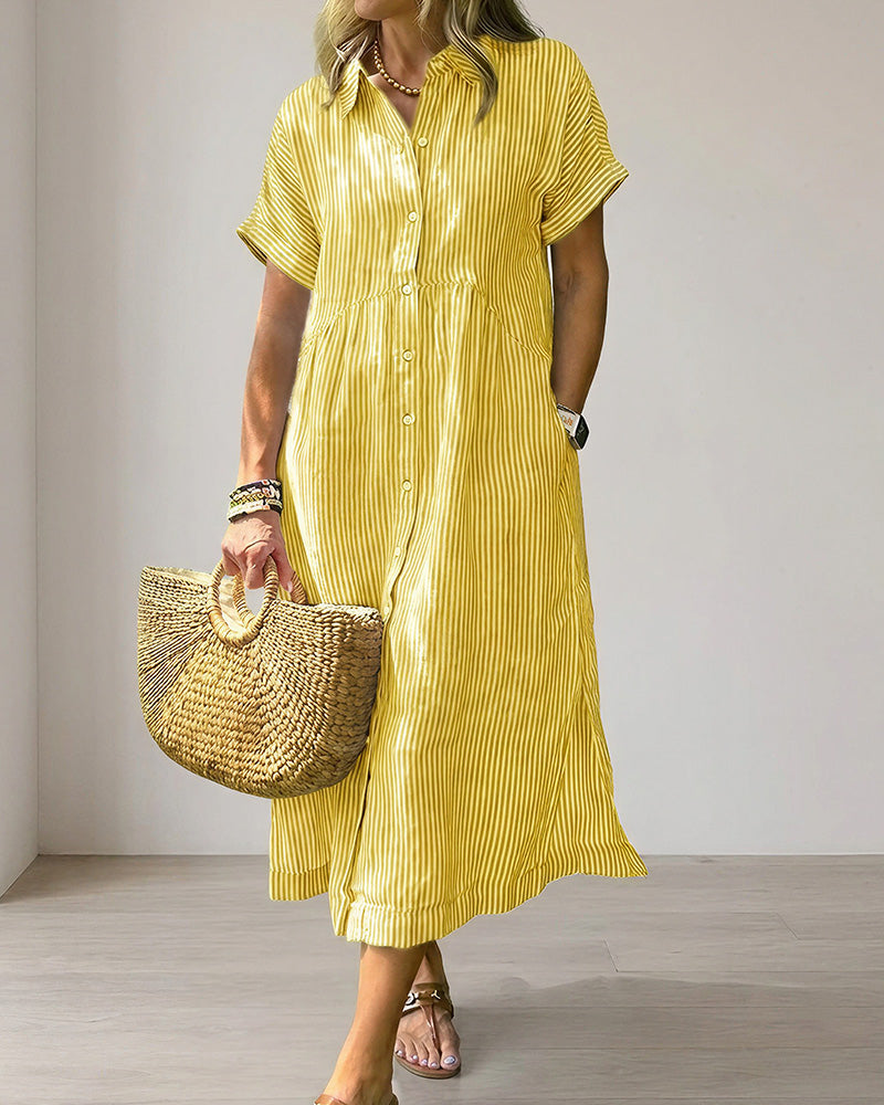 Vyla™ Casual Striped Short Sleeve Cotton Linen Shirt Midi Dress
