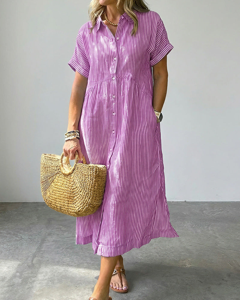 Vyla™ Casual Striped Short Sleeve Cotton Linen Shirt Midi Dress