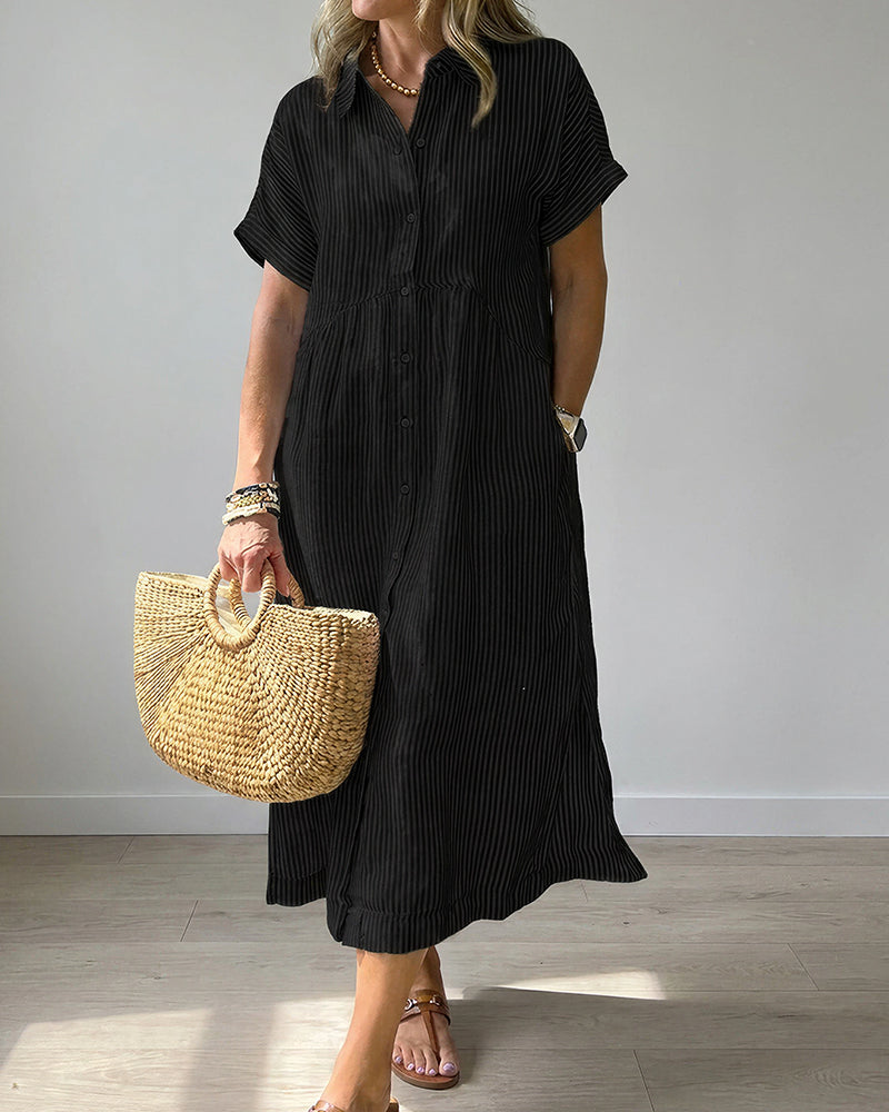 Vyla™ Casual Striped Short Sleeve Cotton Linen Shirt Midi Dress