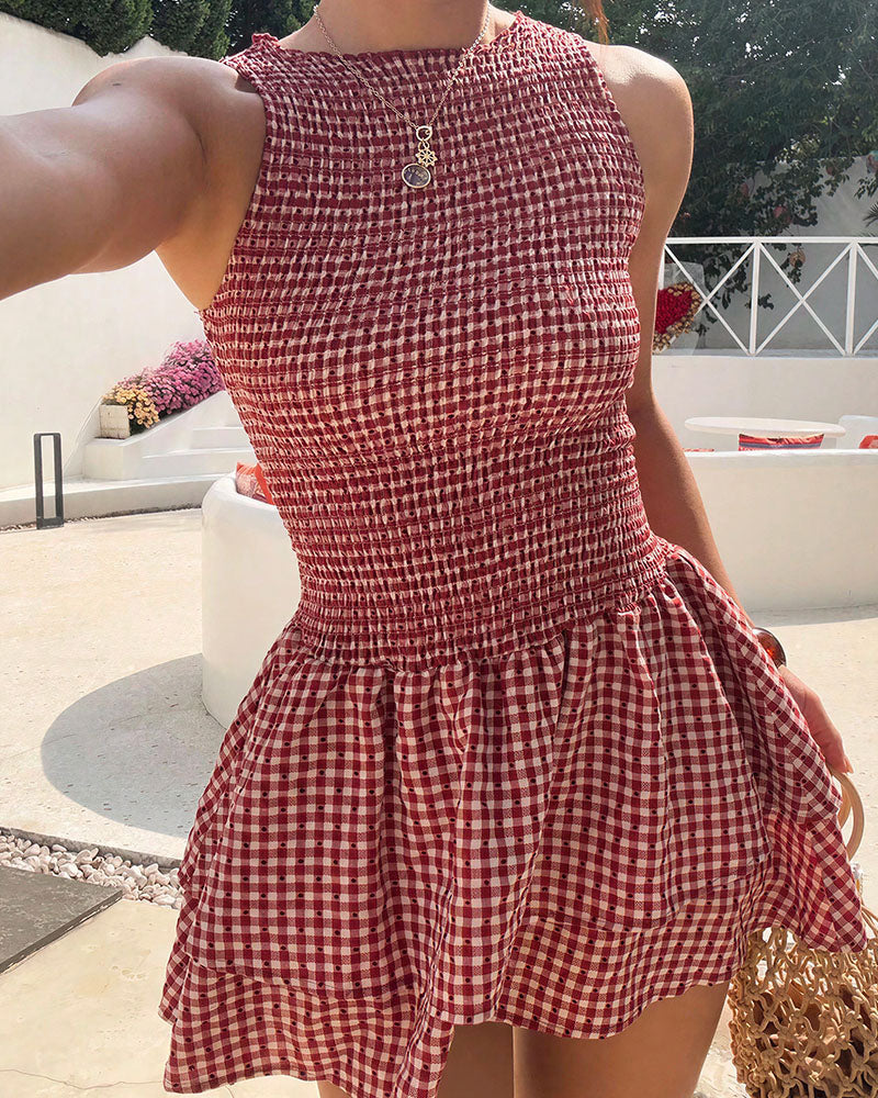 Vyla™ Smocked Gingham Sleeveless Ruffle Mini Dress