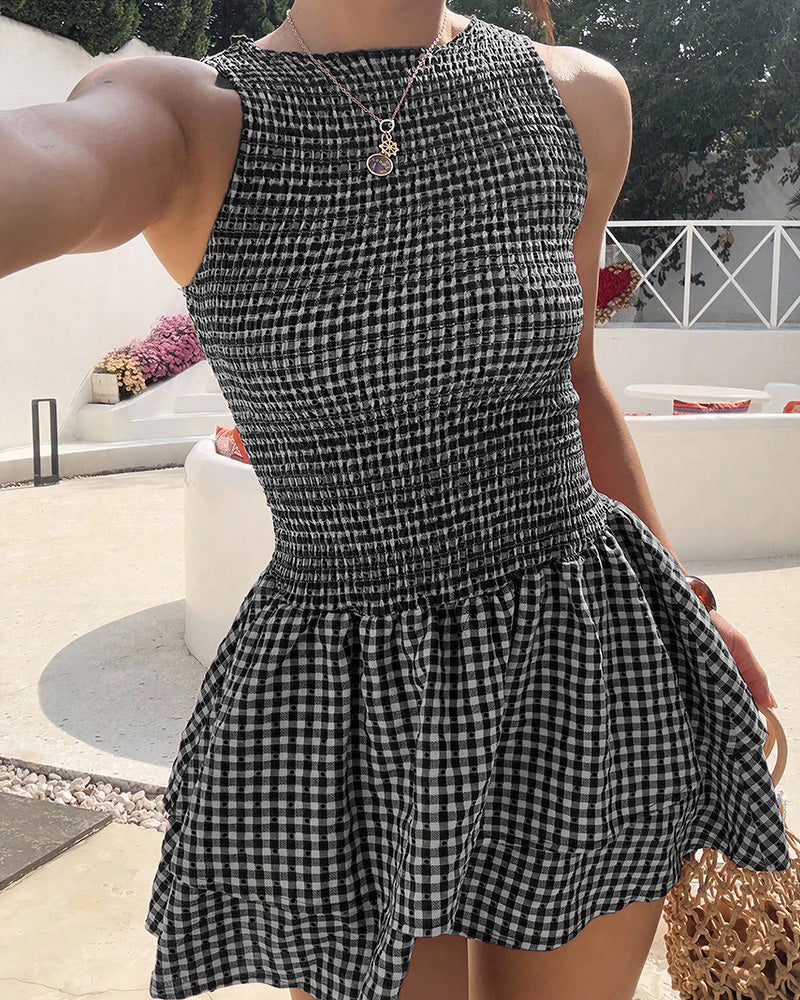 Vyla™ Smocked Gingham Sleeveless Ruffle Mini Dress