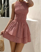 Vyla™ Smocked Gingham Sleeveless Ruffle Mini Dress